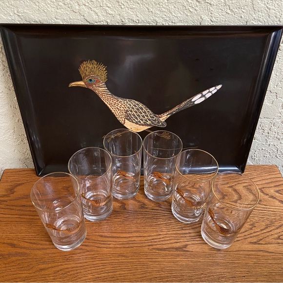 Couroc Mid Century Roadrunner Set Large Serving Tray with Six Highball Glasses - Picture 16 of 17